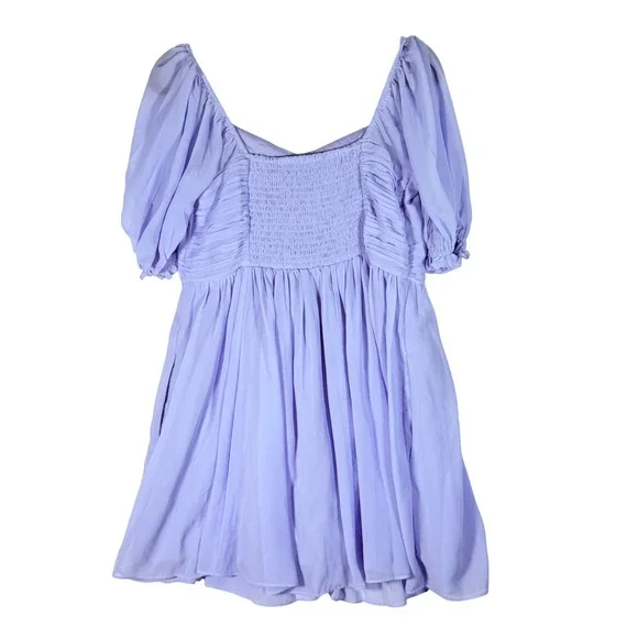 Abercrombie Chiffon Puff Sleeve Sheer Mini Dress sz L Periwinkle fairy babydoll - Picture 2 of 11